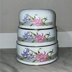 Vintage Enamel White with Floral Design Kitchen Bowls 3 Piece Set